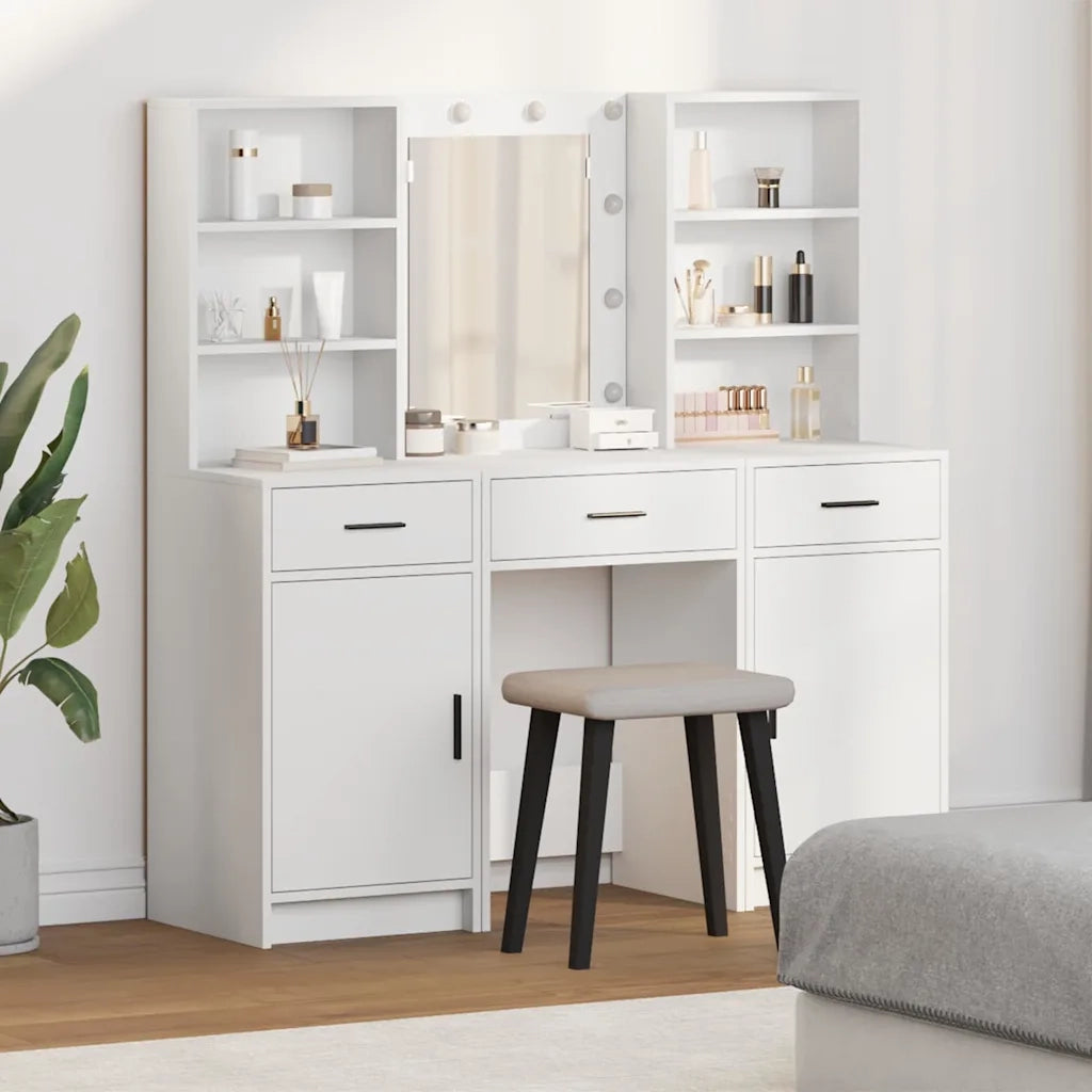 Set da Toeletta | Tavolo da Trucco con LED 3 pz Bianco Legno multistrato