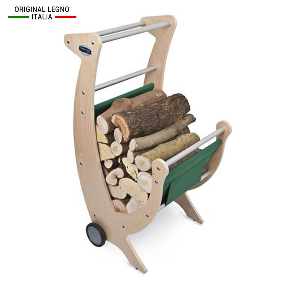 CARRELLO PORTALEGNA E LEGNAIA IN LEGNO CON TELO VERDE CON RUOTE RIVESTITE IN GOMMA L.50 x P.50 x H.100 100% FABBRICATO IN ITALIA