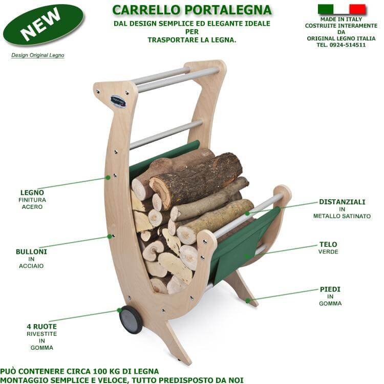 CARRELLO PORTALEGNA E LEGNAIA IN LEGNO CON TELO VERDE CON RUOTE RIVESTITE IN GOMMA L.50 x P.50 x H.100 100% FABBRICATO IN ITALIA