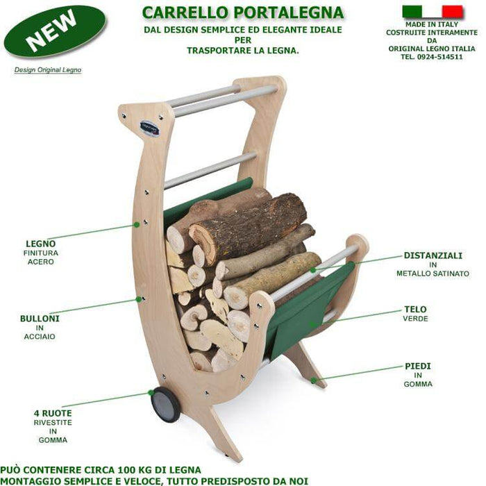 CARRELLO PORTALEGNA E LEGNAIA IN LEGNO CON TELO VERDE CON RUOTE RIVESTITE IN GOMMA L.50 x P.50 x H.100 100% FABBRICATO IN ITALIA