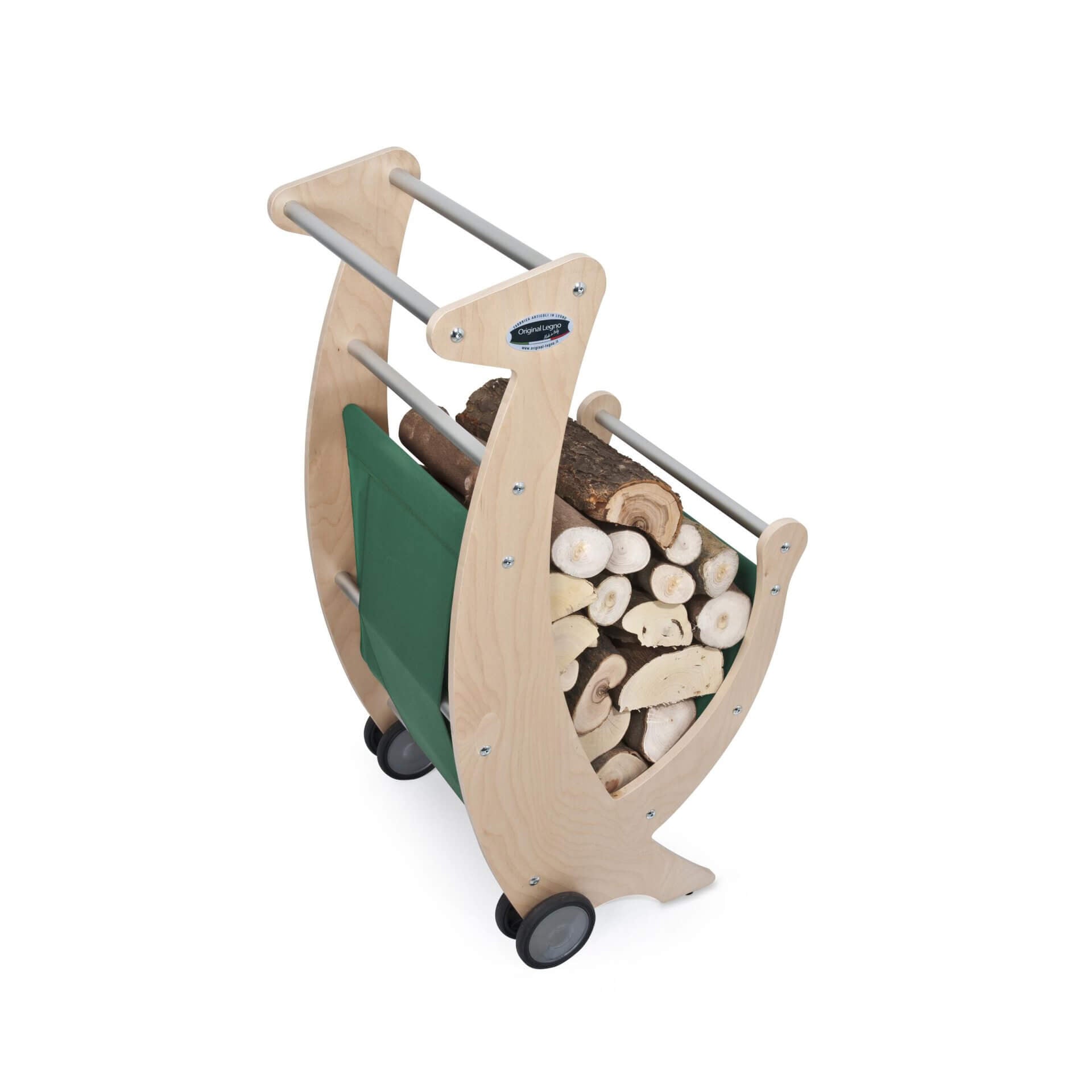 CARRELLO PORTALEGNA E LEGNAIA IN LEGNO CON TELO VERDE CON RUOTE RIVESTITE IN GOMMA L.50 x P.50 x H.100 100% FABBRICATO IN ITALIA