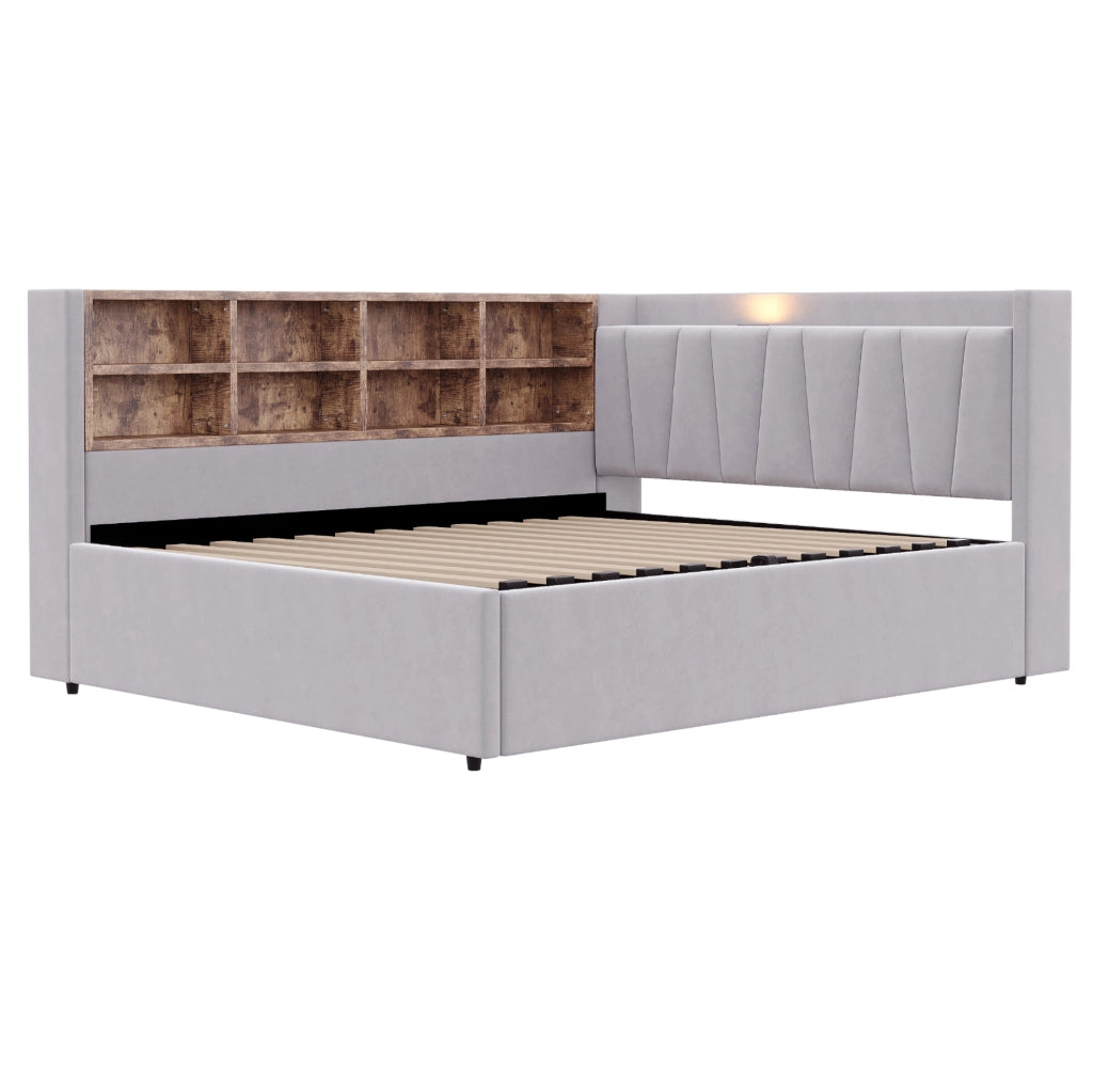 Letto imbottito multifunzione 140x200 cm in velluto grigio chiaro con contenitore; luce notturna; USB e Type-C