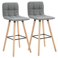 Set 2 Sgabelli da Bar con Schienale e Poggiapiedi, Seduta Imbottita in Tessuto e Gambe in Legno, 41.5x47x97.5, Grigio