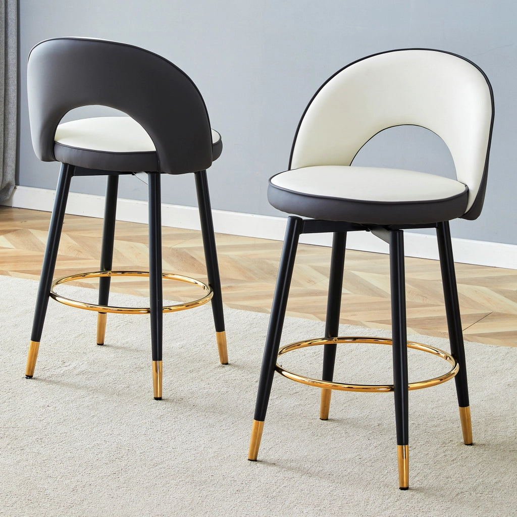 Set di 2 Sgabelli da Bar Girevoli con Schienale Traforato; Stile Moderno; Metallo e Similpelle; Grigio Scuro e Bianco