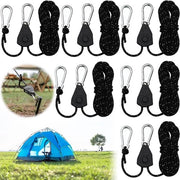 Tende da Campeggio con Riflettori - 6 Pezzi 4 mm 5 m Nero - Corda da Tenda Adattabile - Linee di Sgambatura con Rastrello