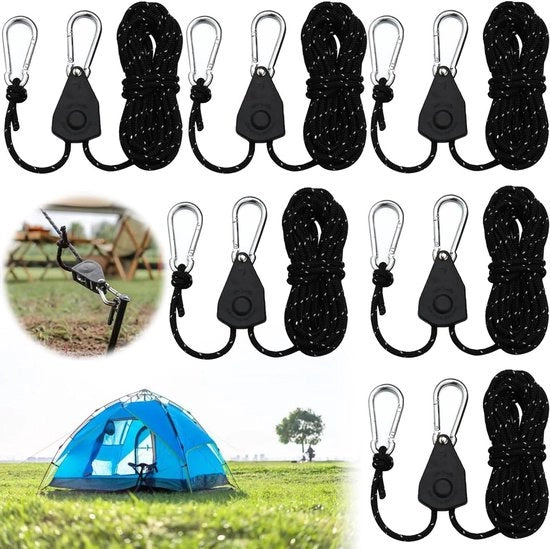 Tende da Campeggio con Riflettori - 6 Pezzi 4 mm 5 m Nero - Corda da Tenda Adattabile - Linee di Sgambatura con Rastrello