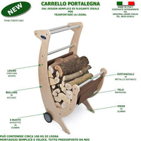 CARRELLO PORTALEGNA E LEGNAIA IN LEGNO CON TELO MARRONE CON RUOTE RIVESTITE IN GOMMA L.50 x P.50 x H.100 100% FABBRICATO IN ITALIA