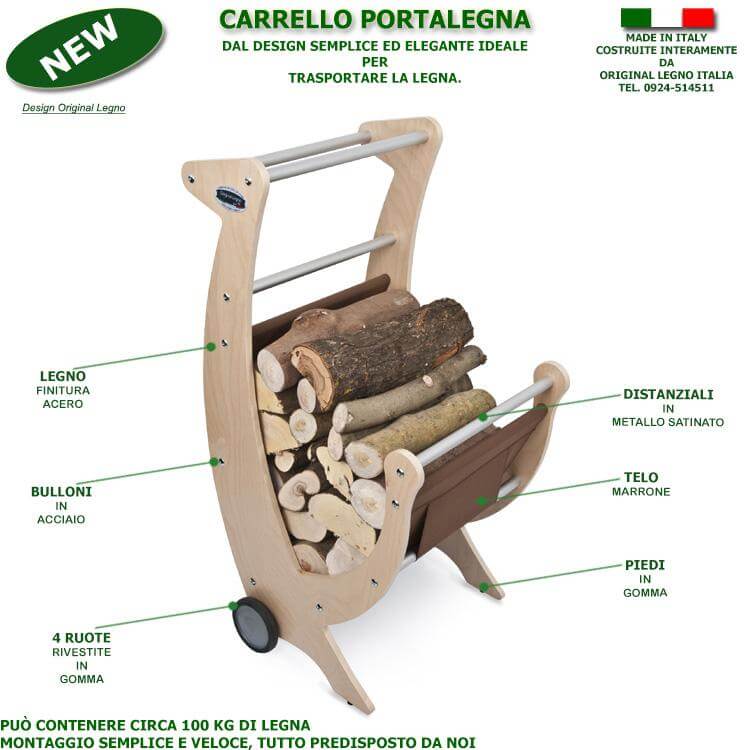 CARRELLO PORTALEGNA E LEGNAIA IN LEGNO CON TELO MARRONE CON RUOTE RIVESTITE IN GOMMA L.50 x P.50 x H.100 100% FABBRICATO IN ITALIA