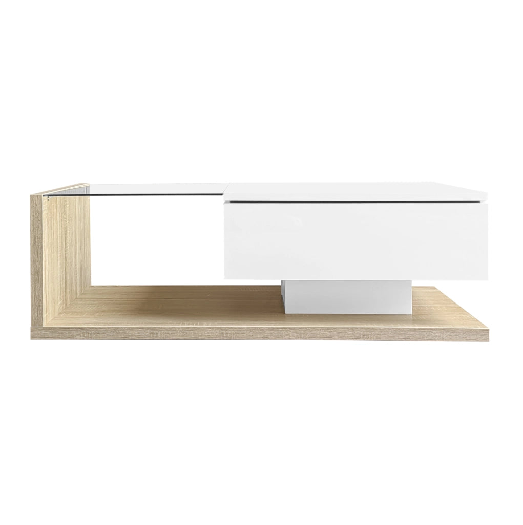 Tavolino da caffè moderno 105x55x32;5 cm in truciolare bianco lucido e effetto legno; con LED