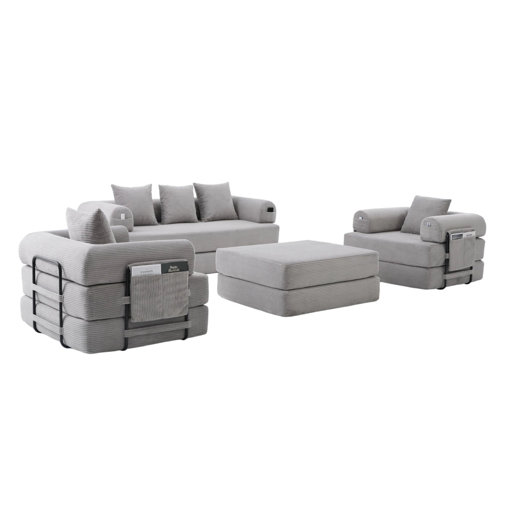 Set divano modulare in velluto a coste grigio chiaro con pouf