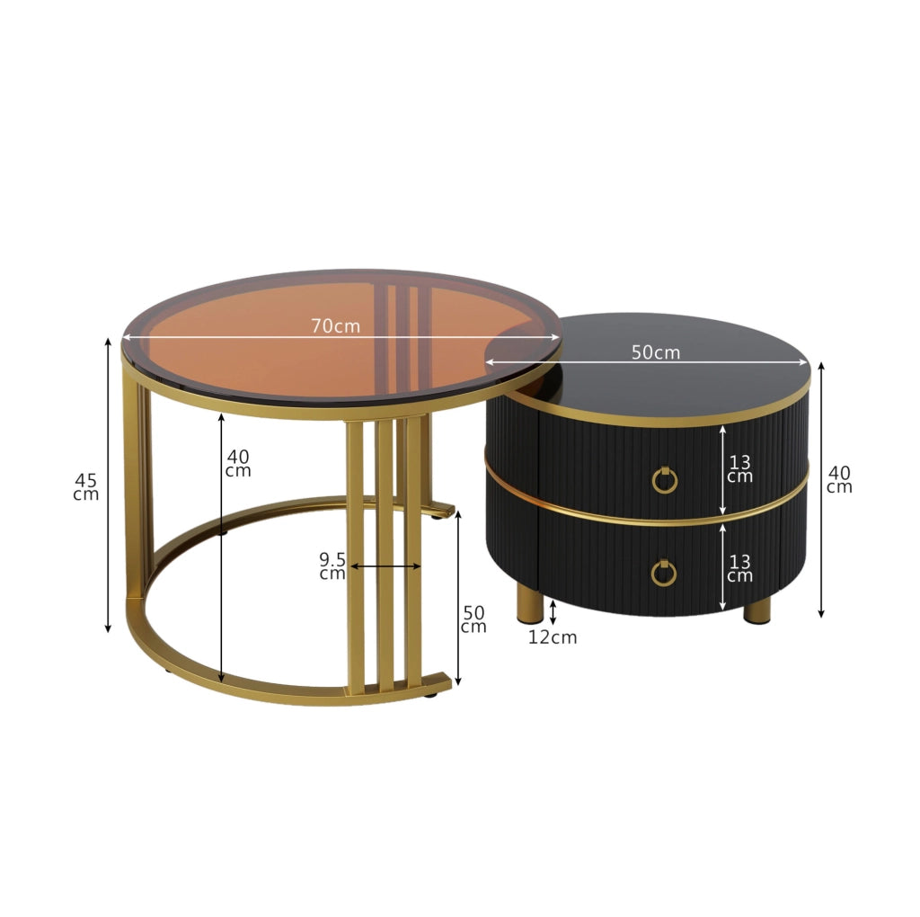 Set di tavolini rotondi da salotto con 2 cassetti nero e oro