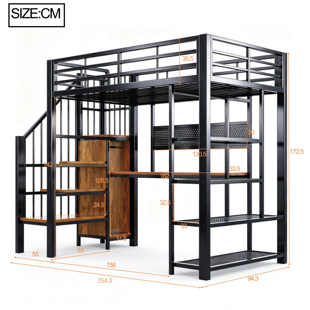 LETTO a soppalco 90x200 cm Nero in metallo e legno con LED e prese