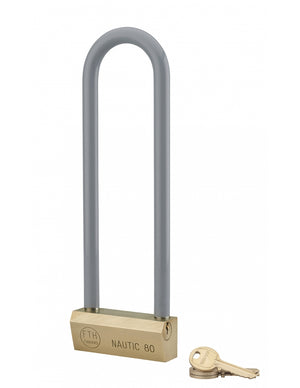 Lucchetto Ottone Nautic 80mm, 3 chiavi, anticorrosione, waterproof, uso esterno arco alto 215mm in ottone - THIRARD