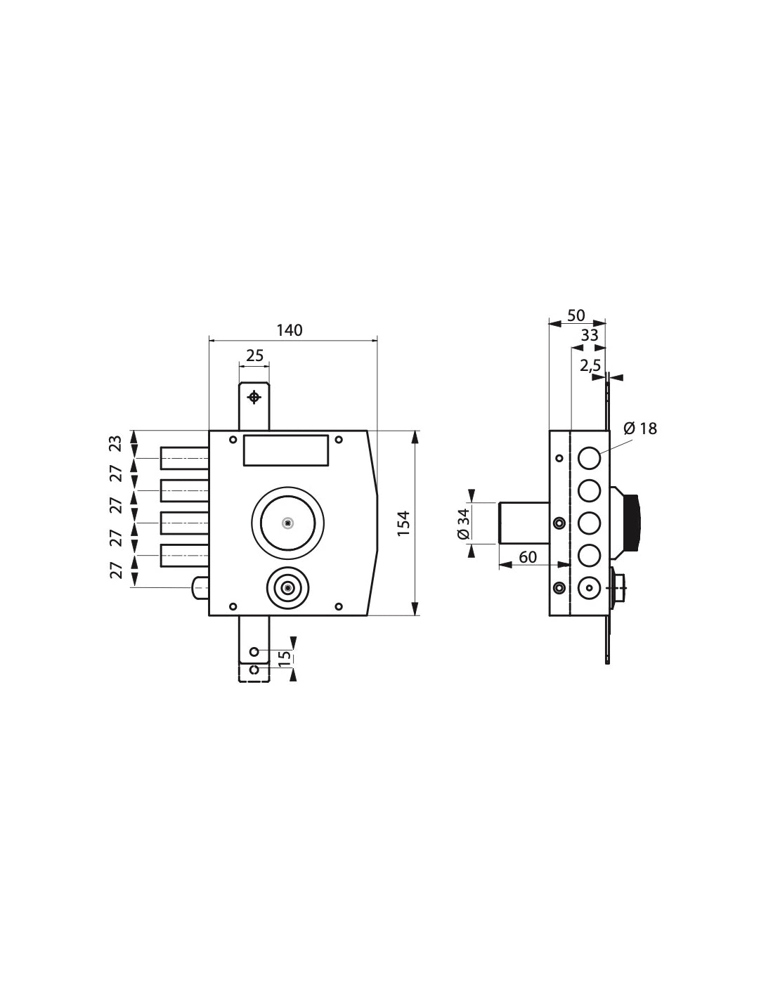 Serratura triplice 3 punti con pomolo, da applicare, acciaio, 154x140 mm, sinistra, 5 chiavi - THIRARD