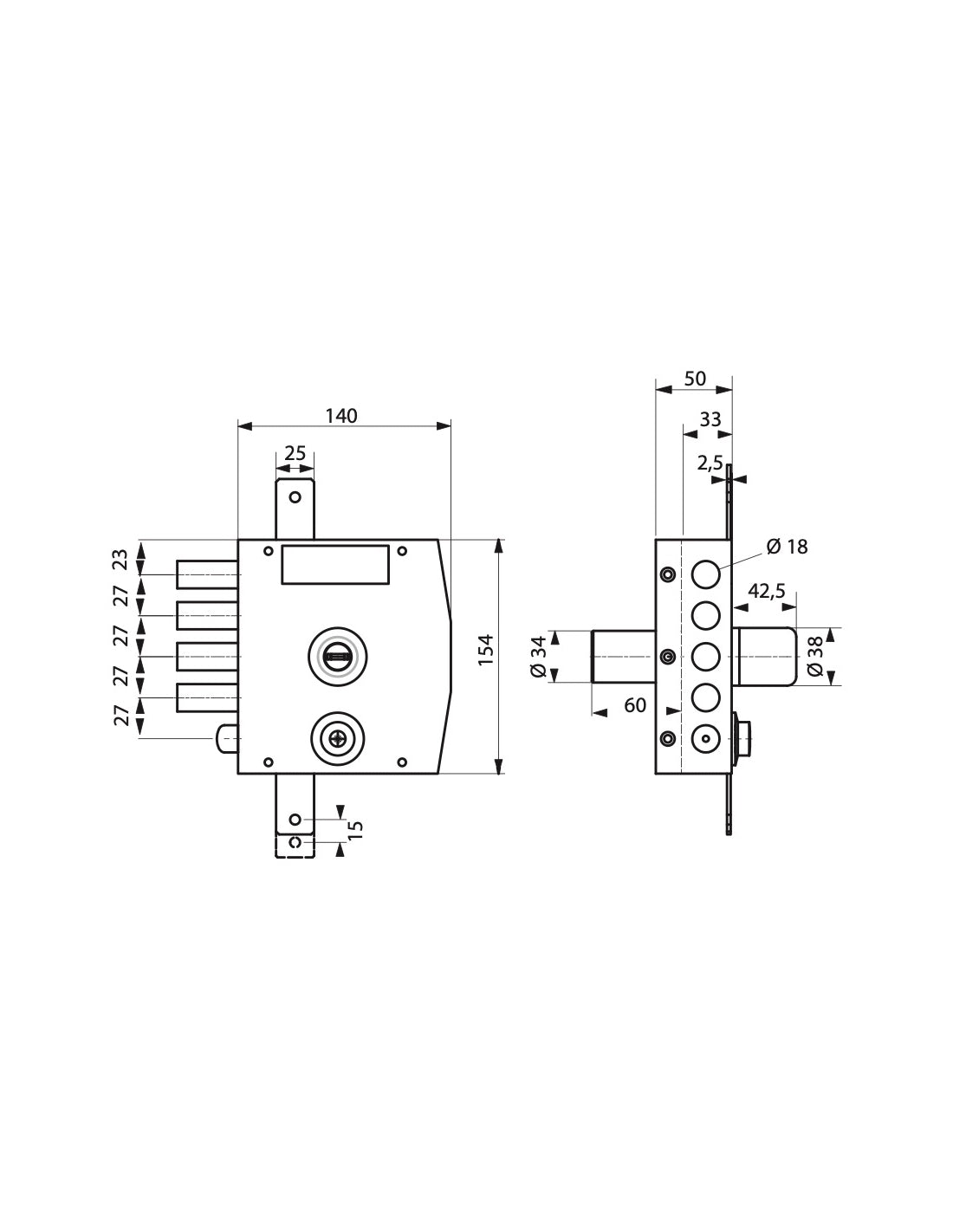Serratura triplice 3 punti chiave punzonata, da applicare, acciaio, 154x140 mm, sinistra, 5 chiavi - THIRARD