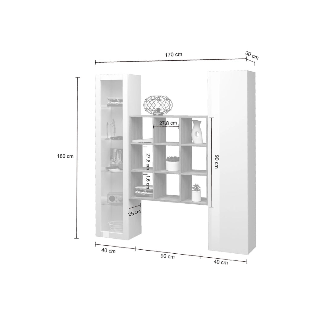 Madia Firmino, Credenza 14 Ripiani Made in Italy, 30x40x180h cm Bianco Acero