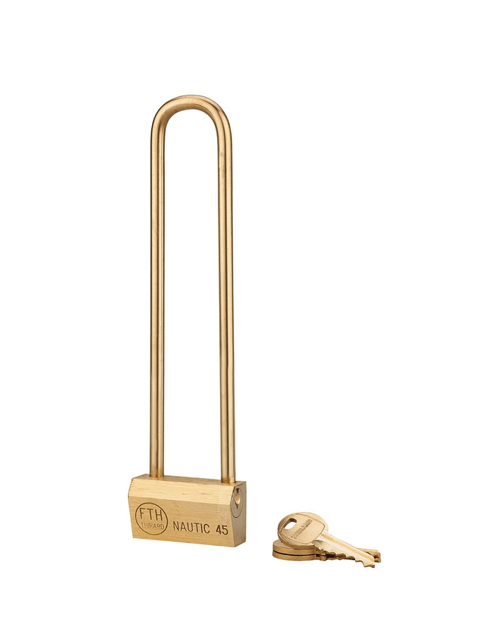 Lucchetto Ottone Nautic 45mm, 3 chiavi, anticorrosione, waterproof, uso esterno arco alto 150mm in ottone - THIRARD