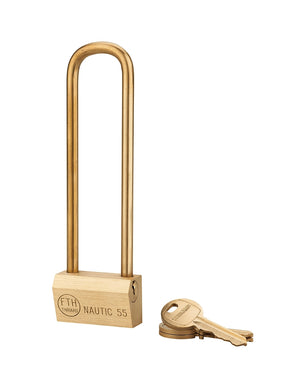 Lucchetto Ottone Nautic 55mm, 3 chiavi, anticorrosione, waterproof, uso esterno arco alto 148mm in ottone - THIRARD