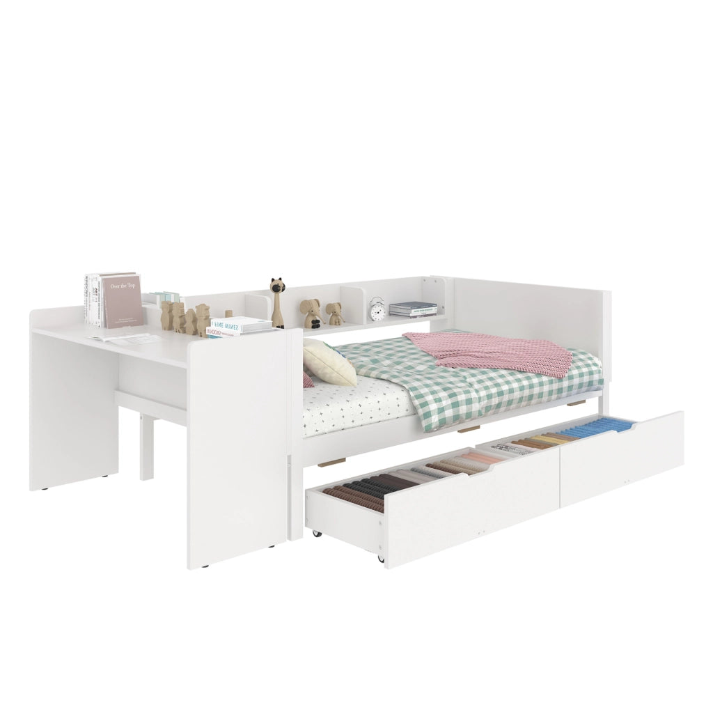 Letto 90x200 cm con scrivania; 2 cassetti e ripiani in legno bianco