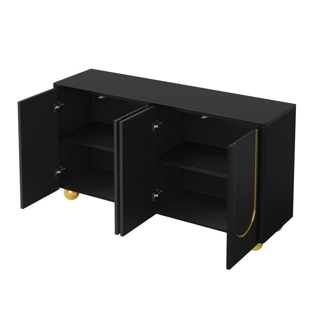 Credenza a 4 ante con rilievo ad arco dorato; 2 scomparti e ripiani; per sala da pranzo e soggiorno; nero; 140 × 40 × 74 cm