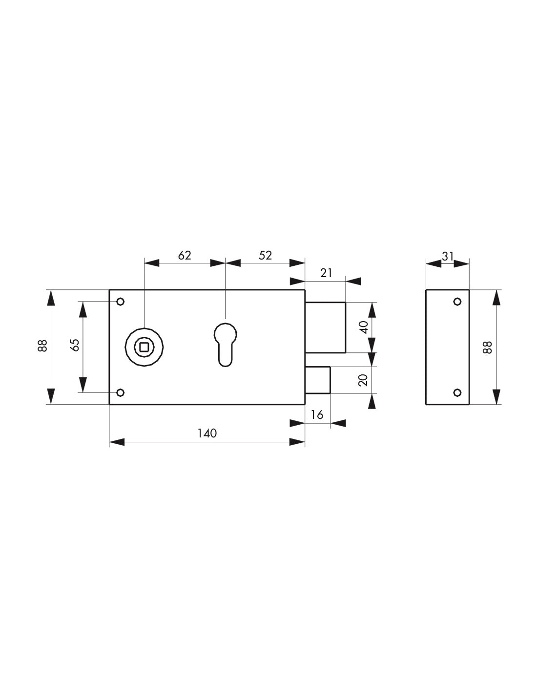 Serratura orizzontale da applicare doppio cilindro con quadro maniglia per cancello, destra, asse 52mm, 140x88mm, inox - THIRARD