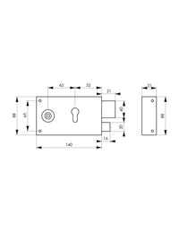 Serratura orizzontale da applicare doppio cilindro con quadro maniglia per cancello, destra, asse 52mm, 140x88mm, inox - THIRARD