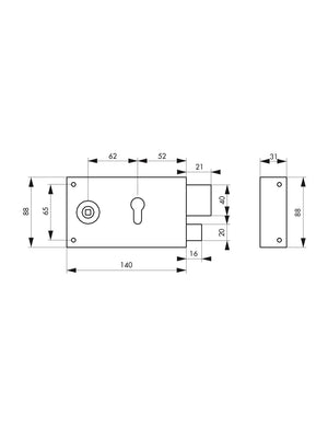Serratura orizzontale da applicare doppio cilindro con quadro maniglia per cancello, destra, asse 52mm, 140x88mm, inox - THIRARD