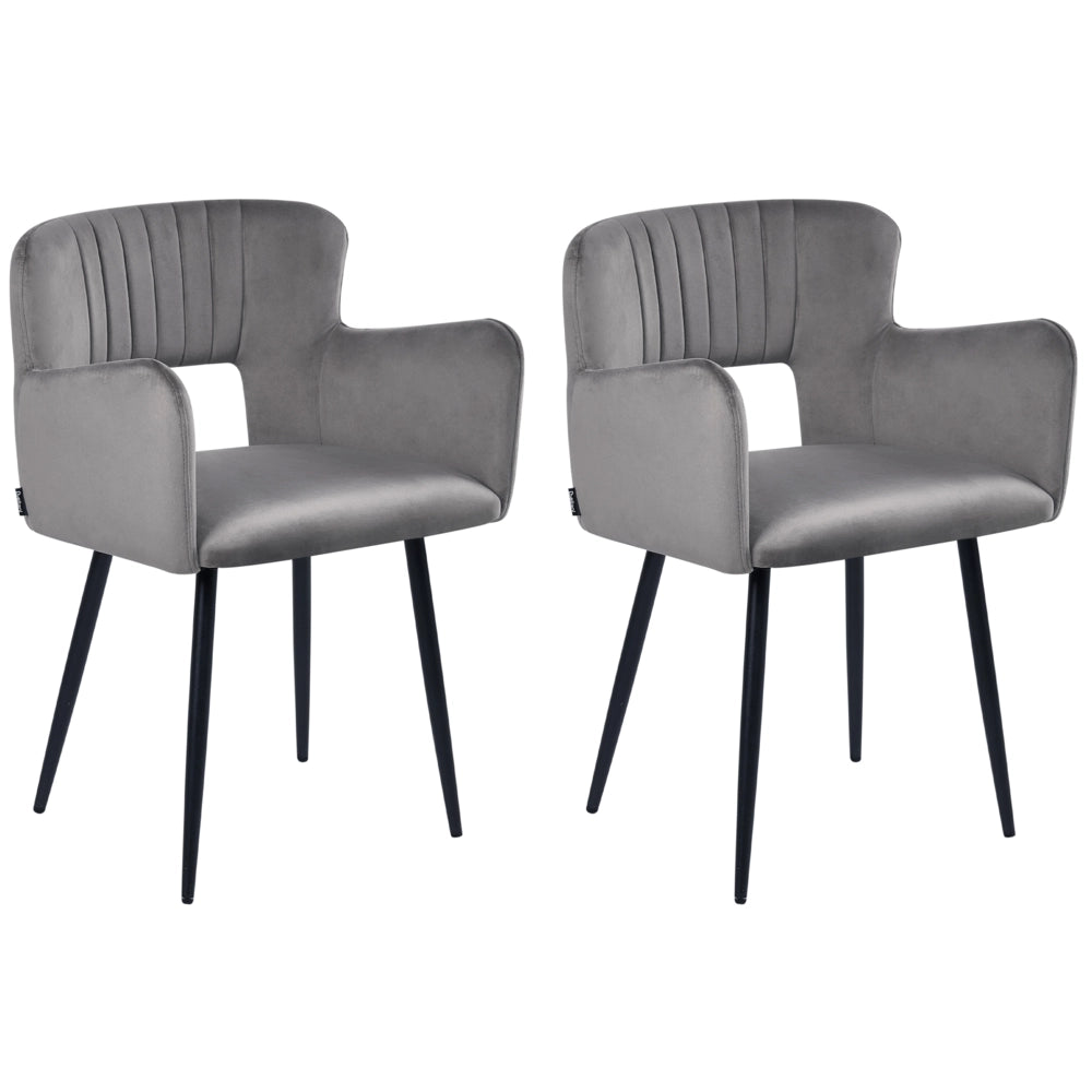 Set di 2 sedie da pranzo velluto grigio braccioli schienale intagliato gambe in metallo moderna industriale
