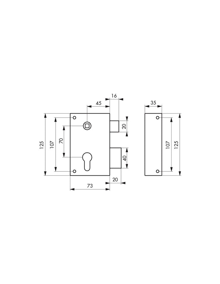 Serratura verticale da applicare doppio cilindro con quadro maniglia per cancello, destra, asse 45mm, 73x125mm, inox - THIRARD