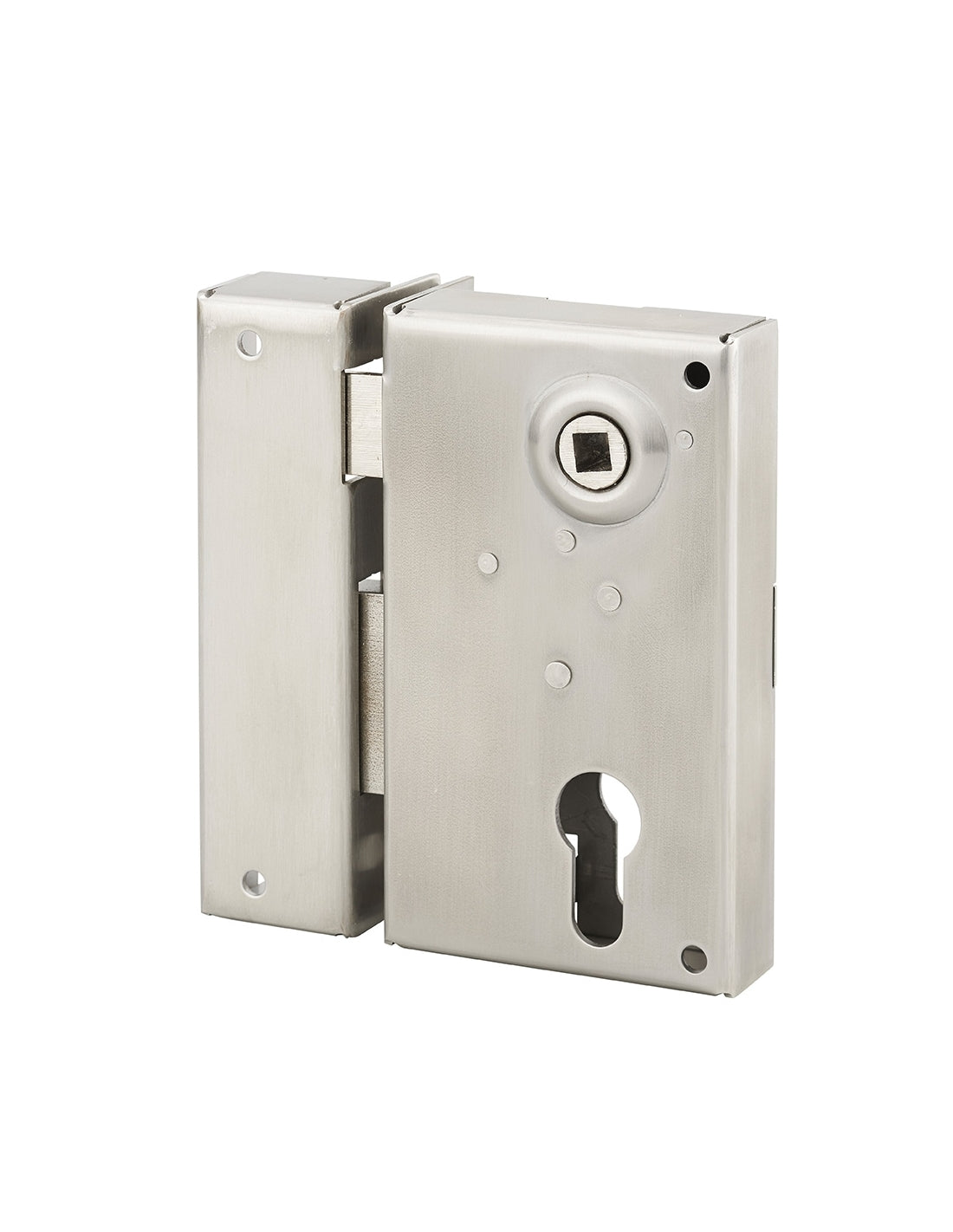 Serratura verticale da applicare doppio cilindro con quadro maniglia per cancello, sinistra, asse 45mm, 73x125mm, inox - THIRARD