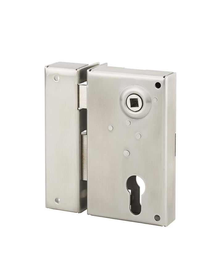 Serratura verticale da applicare doppio cilindro con quadro maniglia per cancello, sinistra, asse 45mm, 73x125mm, inox - THIRARD