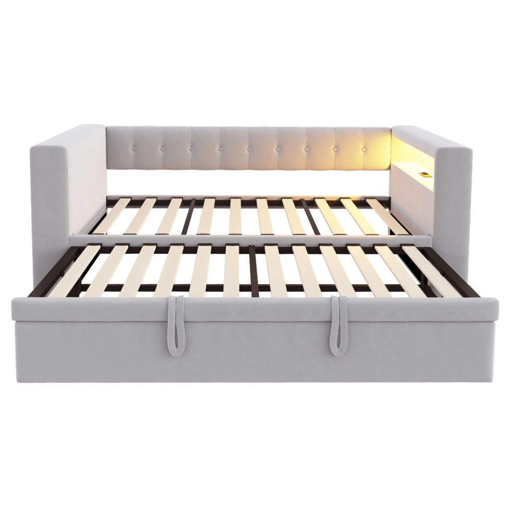 Letto multifunzione imbottito con LED, prese e spazio contenitivo