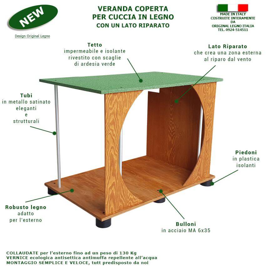 VERANDA IN LEGNO PER CUCCIA UNIVERSALE ALANO E SIMILI L.121 x P.78 x H.116 100% FABBRICATO IN ITALIA