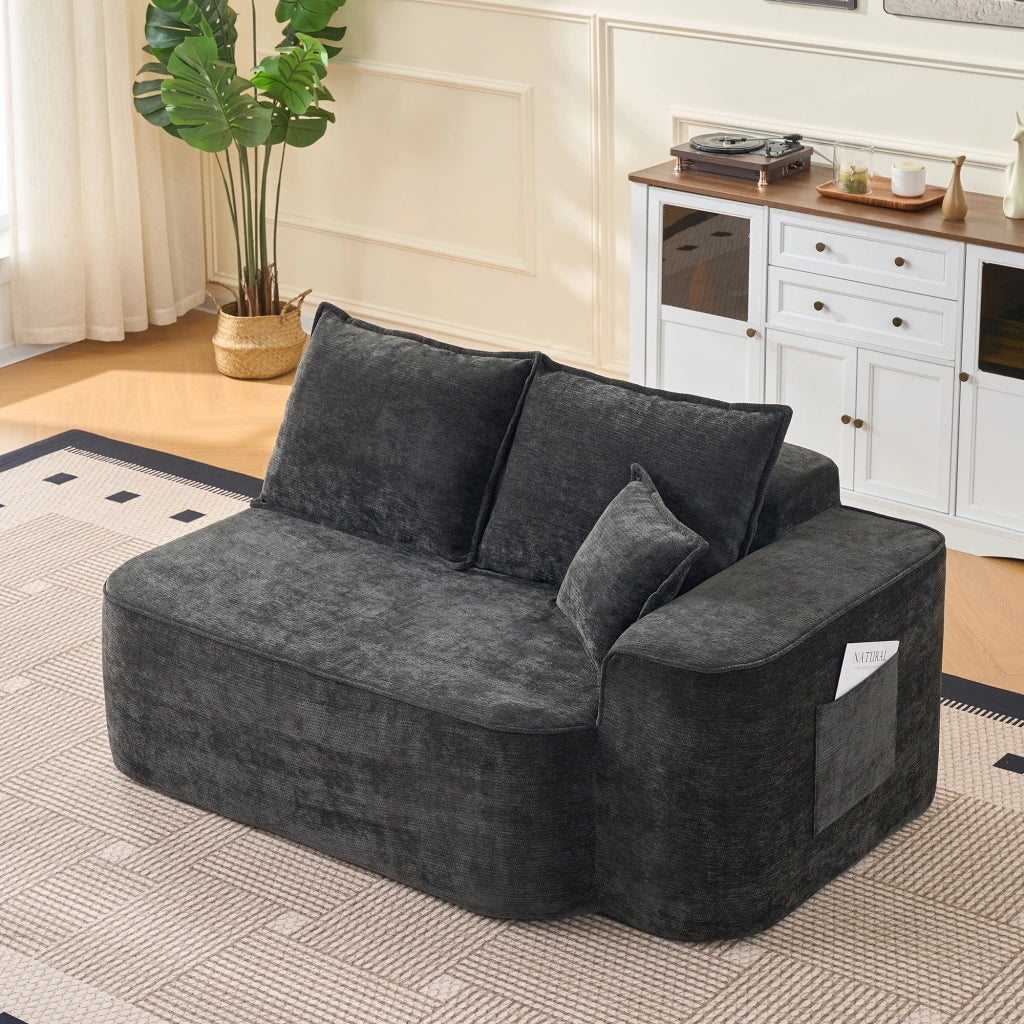 OKWISH Divano 2 Posti, Senza Montaggio con Tasche Laterali e Seduta Imbottita, Ciniglia, Nero