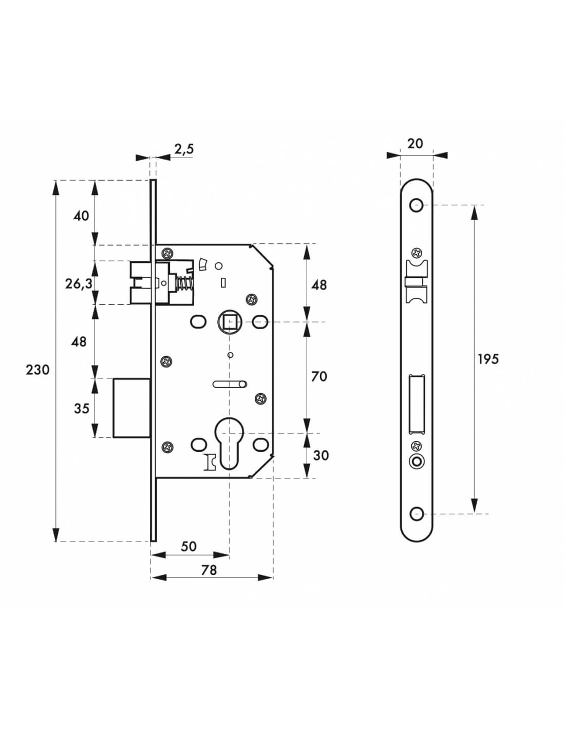 Serratura da incasso asse 50 mm interasse 70 mm piastra tonda - THIRARD
