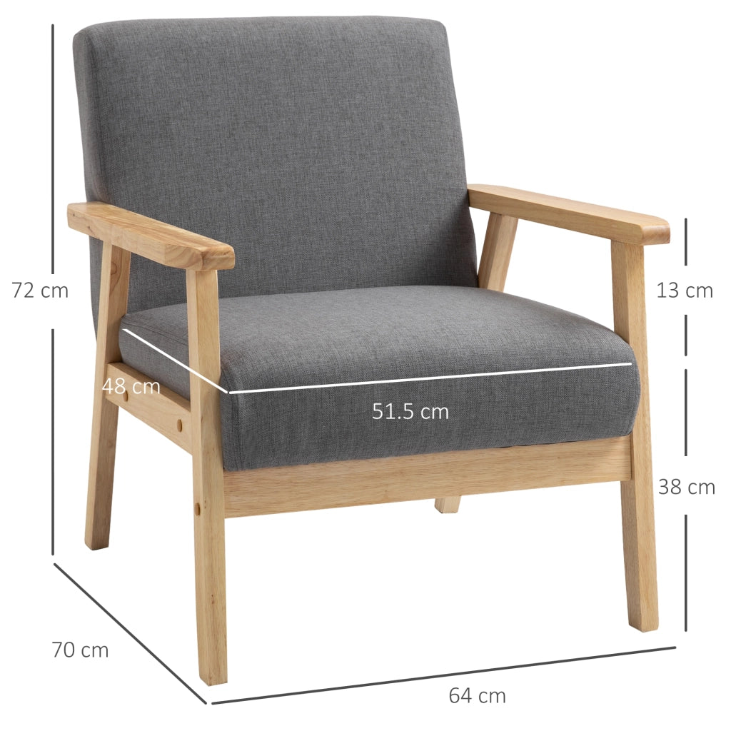 Poltrona da salotto in stile scandinavo con struttura in legno, rivestimento in lino, colore grigio, 64 x 70 x 72 cm