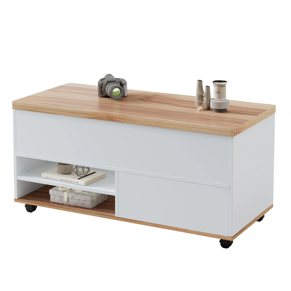 TAVOLO DA CAFFÈ Sollevabile 100 x 98 x 65 cm Bianco e Effetto Legno con Ruote