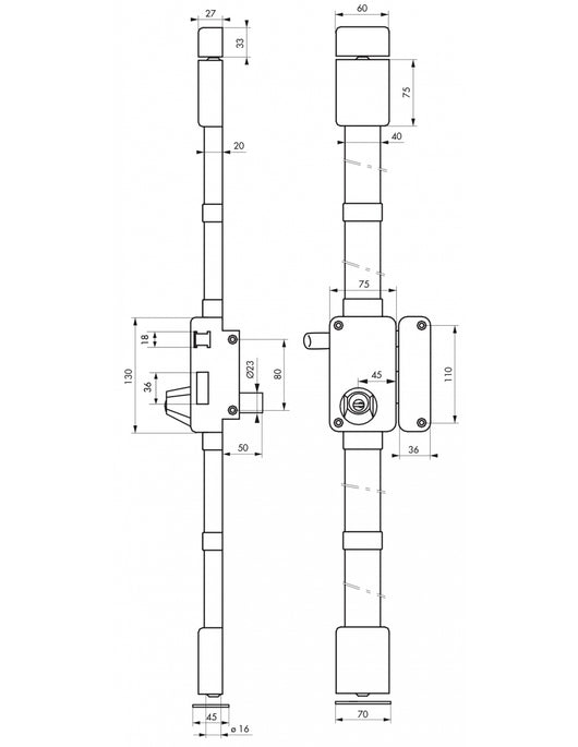 Serratura 3 punti da applicare BELUGA, marrone cilindro HG5 a traino 75 x 130 destra 4 chiavi - THIRARD