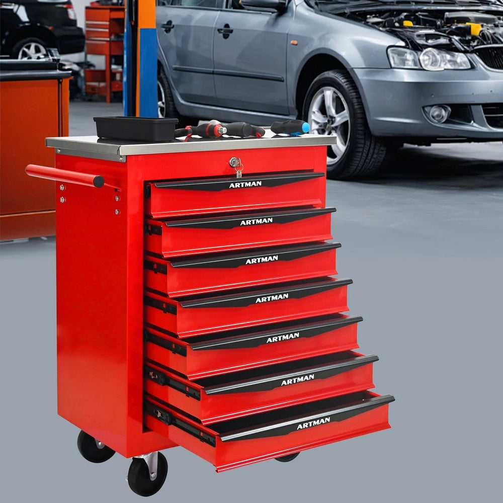 Carrello Porta Utensili 7 Cassetti con Ruote ¨C MINIMAL ¨C Metallo, Piano in Acciaio, Rosso e Nero