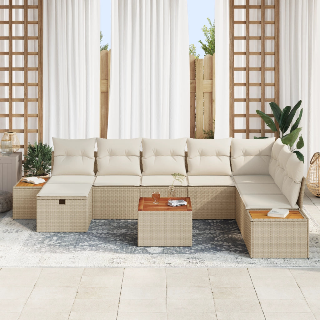 Set Divano da Giardino 9 Pezzi con Cuscini Beige Polyrattan