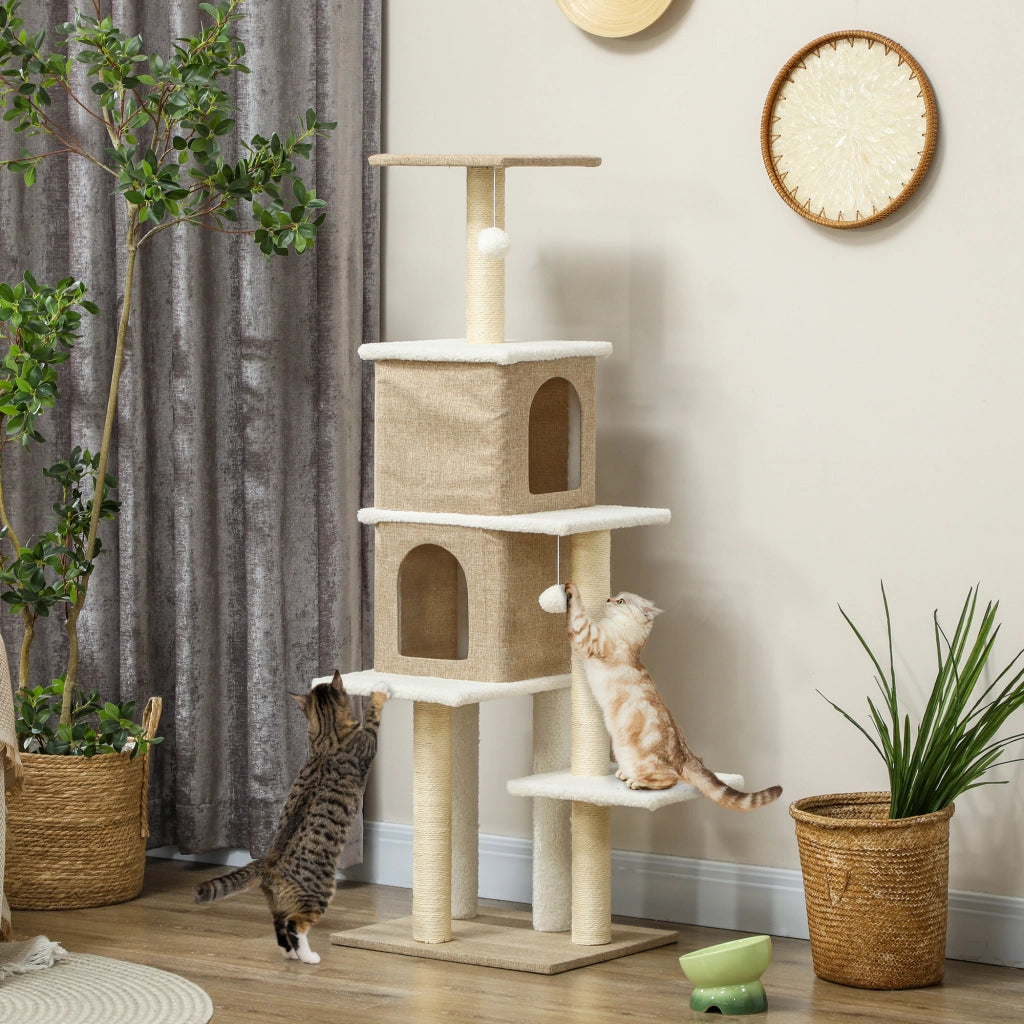 Albero tiragraffi per gatti con piattaforme, tane e palline ¨C zephmum ¨C marrone chiaro 140 cm