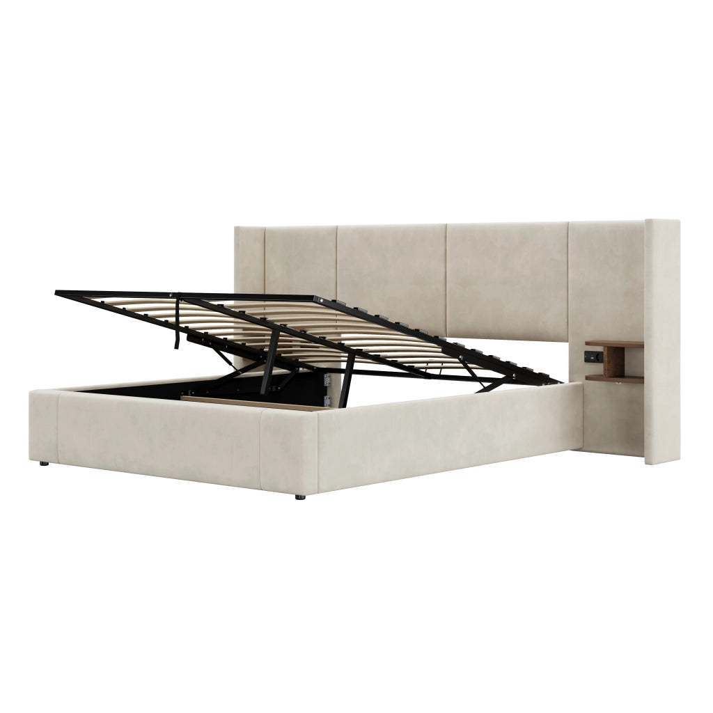 Letti contenitori 160x200 cm; contenitore idraulico con prese USB; velluto beige (Senza materasso)