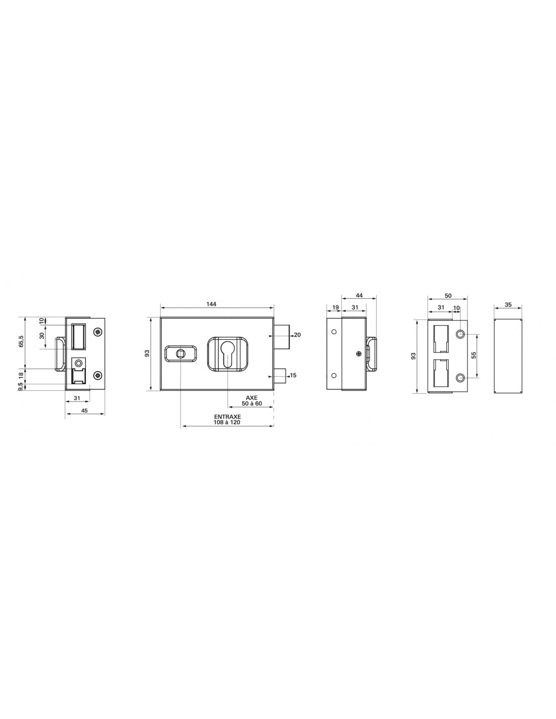 Serratura da applicare doppio cilindro con quadro maniglia , reversibile asse regolabile, 144x93mm, nero - THIRARD
