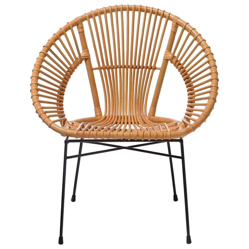 Poltrona Rattan Sabbia Beige Vimini Nero Gambe Metallo Papasan Soggiorno Sala da pranzo