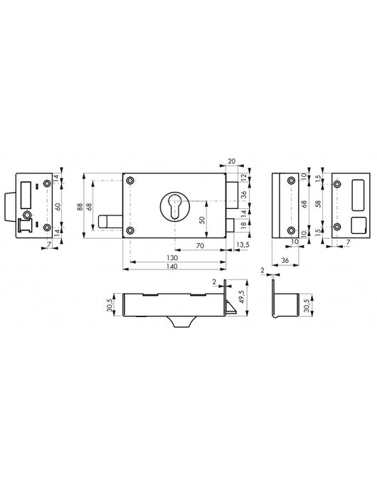 Serratura orizzontale da applicare doppio cilindro a tirante per porta d'ingresso, destra, asse 70mm, 140x88mm, nero - THIRARD