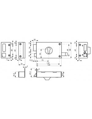 Serratura orizzontale da applicare doppio cilindro a tirante per porta d'ingresso, sinistra, asse 70mm, 140x88mm, nero - THIRARD
