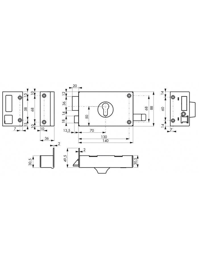 Serratura orizzontale da applicare doppio cilindro a tirante per porta d'ingresso, sinistra, asse 70mm, 140x88mm, nero - THIRARD