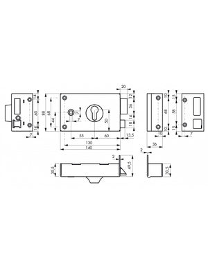Serratura orizzontale da applicare doppio cilindro con quadro maniglia , destra, asse 60mm, 140x88mm, nero - THIRARD