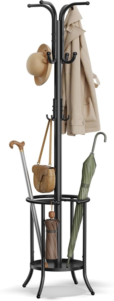 Appendiabiti da Terra, Attaccapanni con Portaombrelli, 12 Ganci, Struttura in Metallo, Alto 175 cm, per Ingresso Entrata Soggiorno Camera da Letto, Bianco Perla RCR011W01