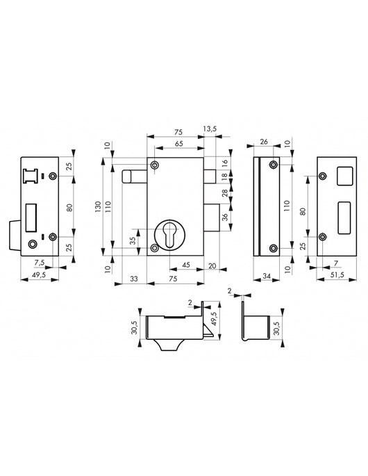 Serratura verticale da applicare doppio cilindro a tirante per porta esterna, asse 45mm, destra, 75x130mm, nero - THIRARD